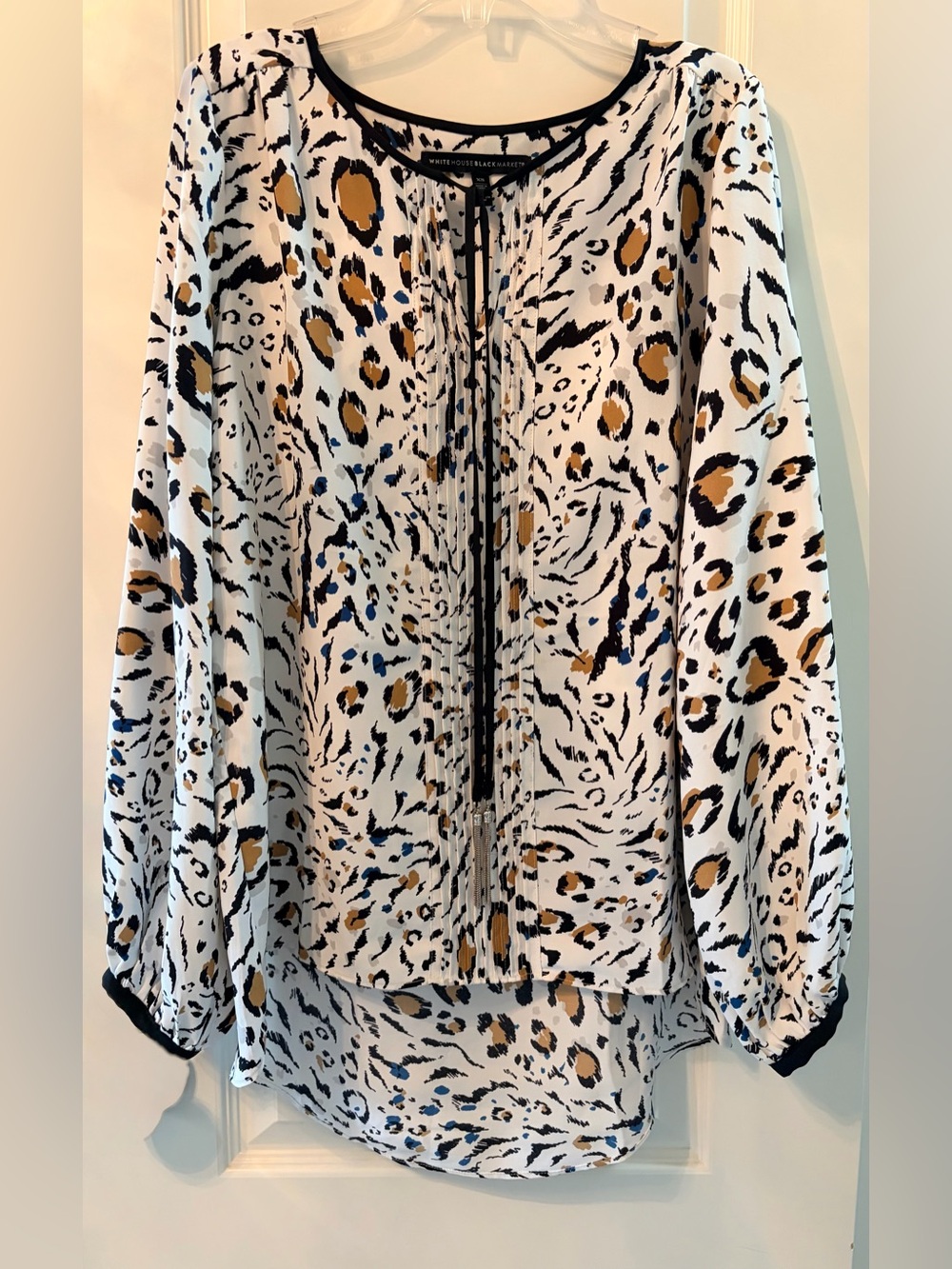 White House Black Market White Leopard Print Blouse Black Trim Silver Accents